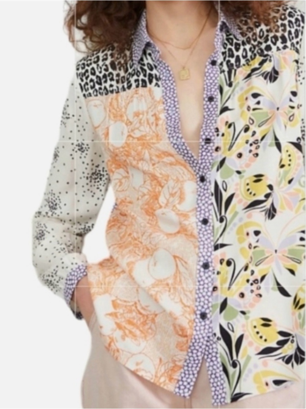 Anthropologie Maeve Alida Contrast Button Front Whimsical Novelty Print Shirt M